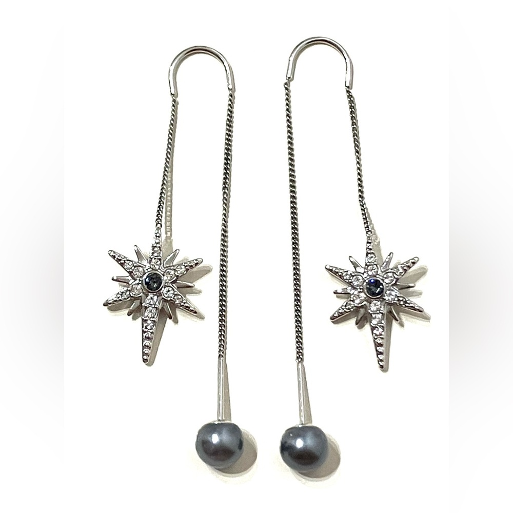 Swarovski Silver Silver Pavé Star Faux Pearl Threader Earrings